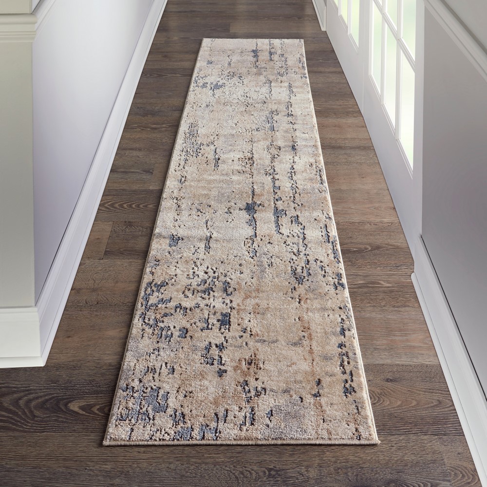 Quarry QUA01 Abstract Distressed Runner Rugs in Beige Grey